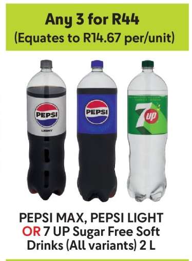 PEPSI MAX, PEPSI LIGHT OR 7 UP Sugar Free Soft Drinks