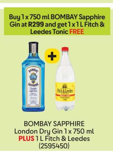 BOMBAY SAPPHIRE London Dry Gin 1 x 750 ml PLUS 1 L Fitch & Leedes