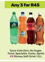 Coca-Cola Zero, No Sugar, Twist, Sparletta, Fanta, Sprite OR Stoney Soft Drink 1.5 L