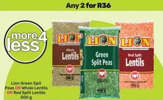 Lion Green Split Peas OR Whole Lentils OR Red Split Lentils