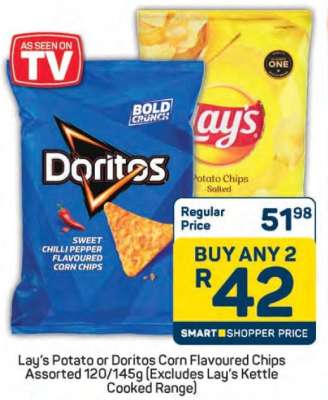 Lay's Potato or Doritos Corn Flavoured Chips Assorted 120/145g