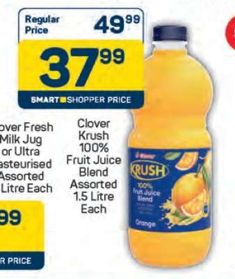 Clover Krush 100% Fruit
Juice Blend Assorted
1.5 LItre Each
