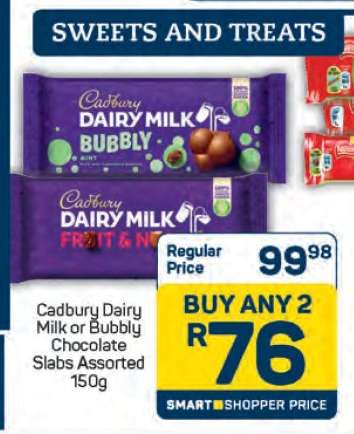 Cadbury Dairy Milk or Bubbly Chocolate Slabs Assorted 150g