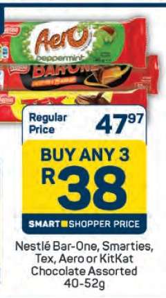 Nestlé Bar-One, Smarties, Tex, Aero or KitKat Chocolate Assorted 40-52g