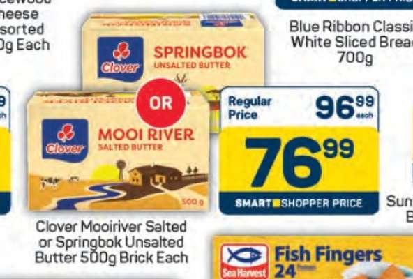 Clover Mooiriver Salted or Springbok Unsalted Butter 500g Brick Each