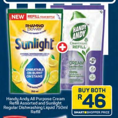Handy Andy All Purpose Cream Refill Assorted and Sunlight Regular Dishwashing Liquid 750ml Refill