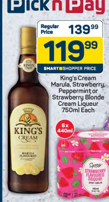 King's Cream Marula, Strawberry, Peppermint or Strawberry Blonde Cream Liqueur 750ml Each