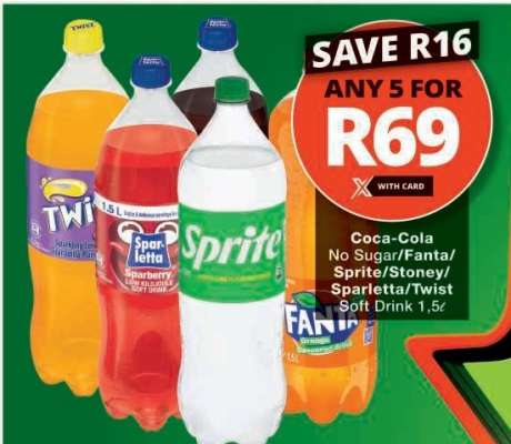 Coca-Cola No Sugar/Fanta/Sprite/Stoney/Sparletta/Twist Soft Drink 1.5ℓ