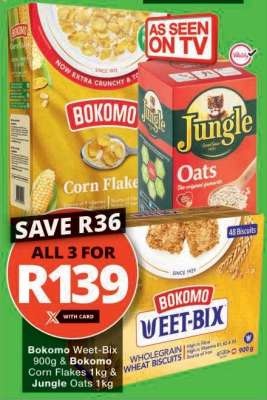 Bokomo Weet-Bix 900g & Bokomo Corn Flakes 1kg & Jungle Oats 1kg