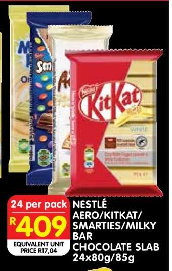 NESTLÉ AERO/KITKAT/SMARTIES/MILKY BAR CHOCOLATE SLAB 24x80g/85g