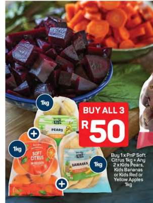 PnP Soft Citrus 1kg + Any 2 x Kids Pears, Kids Bananas or Kids Red or Yellow Apples 1kg