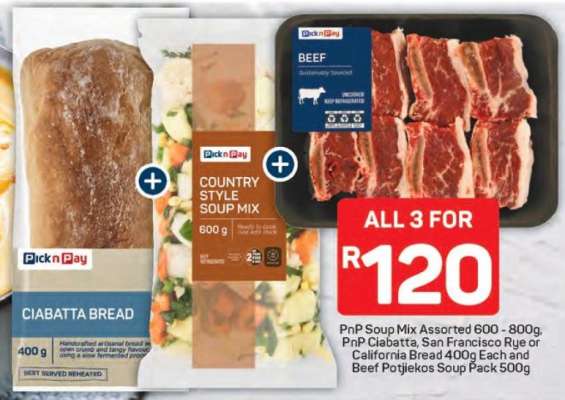 PnP Soup Mix Assorted 600 - 800g, PnP Ciabatta, San Francisco Rye or California Bread 400g Each and Beef Potjiekos Soup Pack 500g