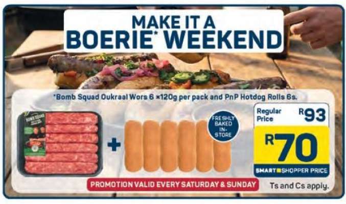 Bomb Squad Oukraal Wors 6 x120g per pack and PnP Hotdog Rolls 6s
