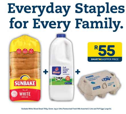 Sunbake White Sliced Bread 700g, Clover Jug or Ultra Pasteurised Fresh Milk Assorted 2 Litre and PnP Eggs Large 6s