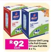 Clover UHT Long Life Full Cream OR Low Fat Milk 6 x 1L