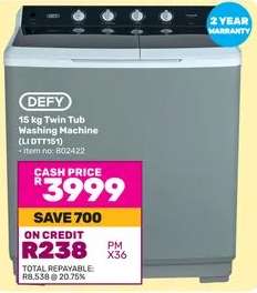 DEFY 15 kg Twin Tub Washing Machine (LI DTT151)