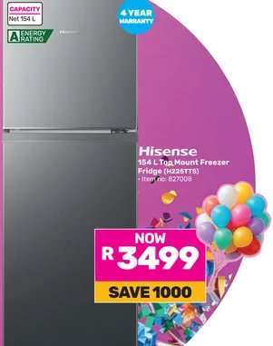 Hisense 154 L Top Mount Freezer Fridge (H225TTS)