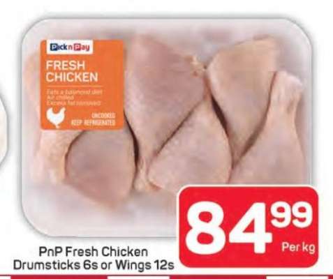 PnP Fresh Chicken Drumsticks 6s or Wings 12s