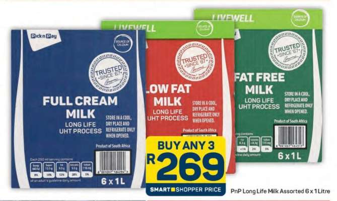 PnP Long Life Milk Assorted 6 x 1 Litre