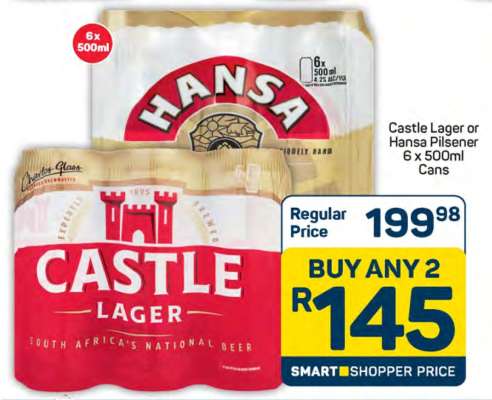 Castle Lager or Hansa Pilsener 6 x 500ml Cans