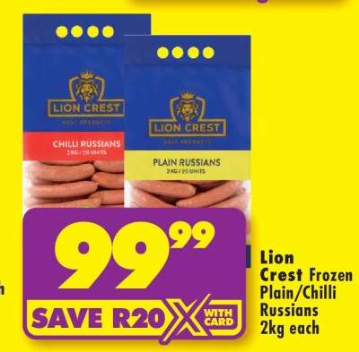 Lion Crest Frozen Plain/Chilli Russians 2kg each