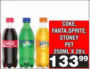 COKE, FANTA, SPRITE, STONEY PET 250ML X 28's