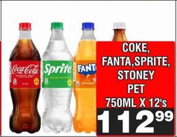 Coke, Fanta, Sprite, Stoney PET 750ml x 12's