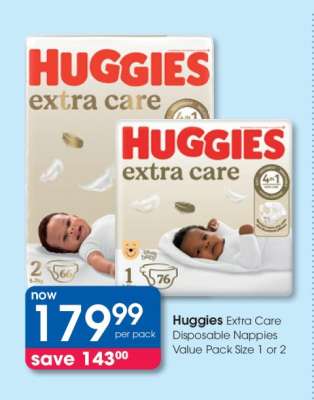 Huggies Extra Care Disposable Nappies Value Pack Size 1 or 2
