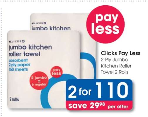 Clicks Pay Less 2-Ply Jumbo Kitchen Roller Towel 2 Rolls
