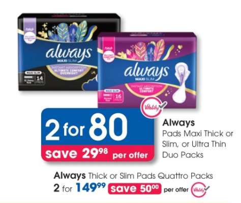 Always Pads Maxi Thick or Slim, or Ultra Thin Duo Packs