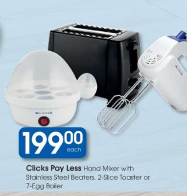 Clicks Pay Less Hand Mixer with Stainless Steel Beaters, 2-Slice Toaster or 7-Egg Boiler