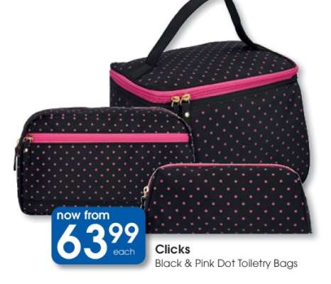 Clicks Black & Pink Dot Toiletry Bags