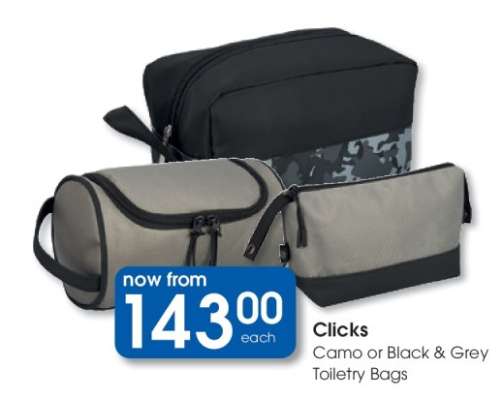 Clicks Camo or Black & Grey Toiletry Bags
