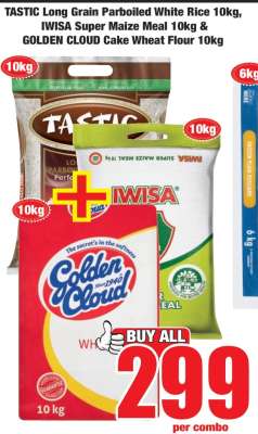TASTIC Long Grain Parboiled White Rice 10kg, IWISA Super Maize Meal 10kg & GOLDEN CLOUD Cake Wheat Flour 10kg