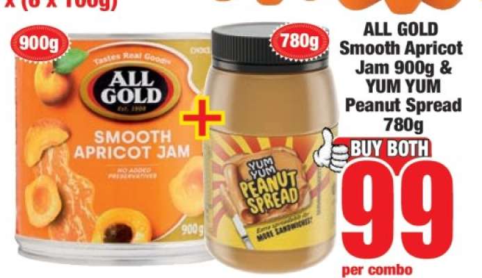 ALL GOLD Smooth Apricot Jam 900g & YUM YUM Peanut Spread 780g