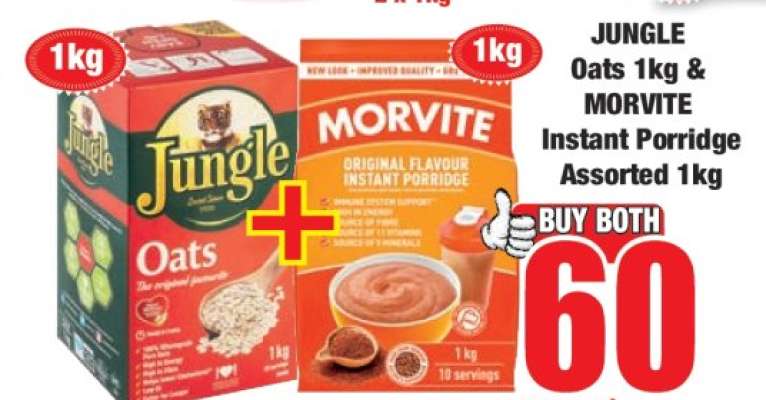 JUNGLE Oats 1kg & MORVITE Instant Porridge Assorted 1kg