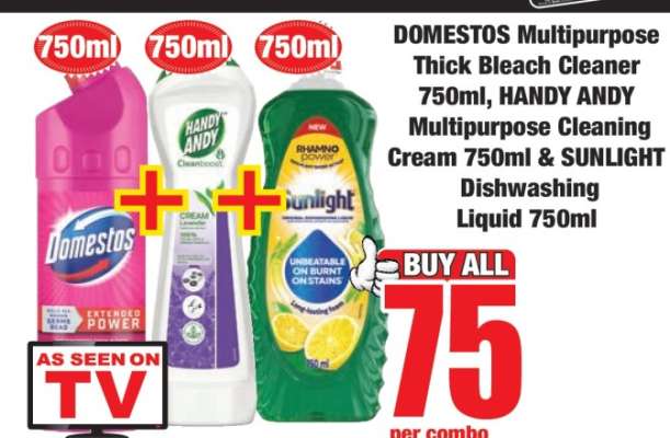 DOMESTOS Multipurpose Thick Bleach Cleaner 750ml, HANDY ANDY Multipurpose Cleaning Cream 750ml & SUNLIGHT Dishwashing Liquid 750ml