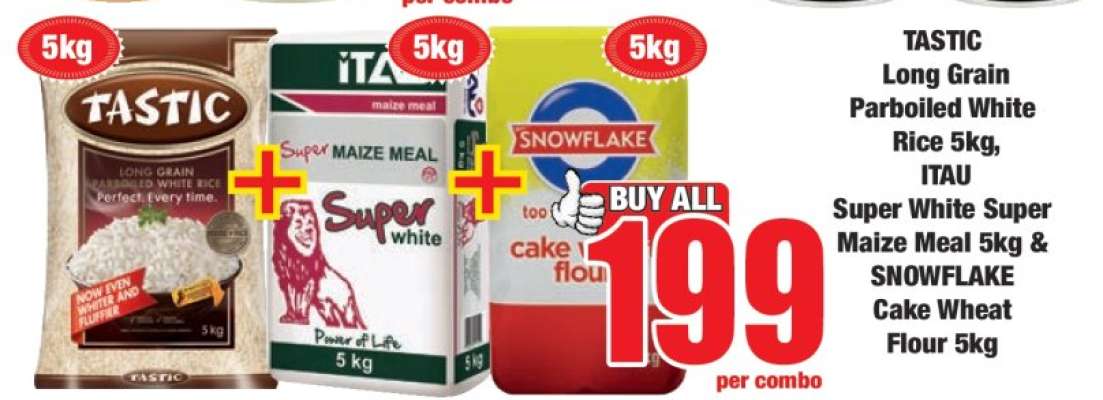 TASTIC Long Grain Parboiled White Rice 5kg, ITAU Super White Super Maize Meal 5kg & SNOWFLAKE Cake Wheat Flour 5kg