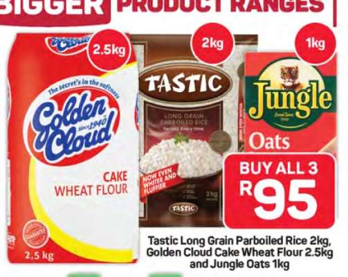 Tastic Long Grain Parboiled Rice 2kg, Golden Cloud Cake Wheat Flour 2.5kg and Jungle Oats 1kg