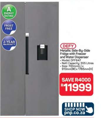 Defy Metallic Side-by-Side Fridge with Freezer and Water Dispenser