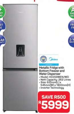 Metallic Fridge with Bottom Freezer and Water Dispenser