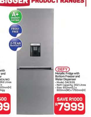 DEFY Metallic Fridge with Bottom Freezer and Water Dispenser