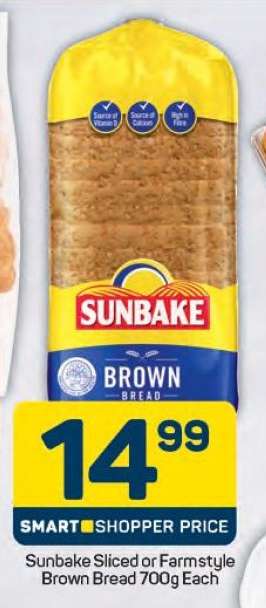 Sunbake Sliced or Farmstyle Brown Bread 700g Each
