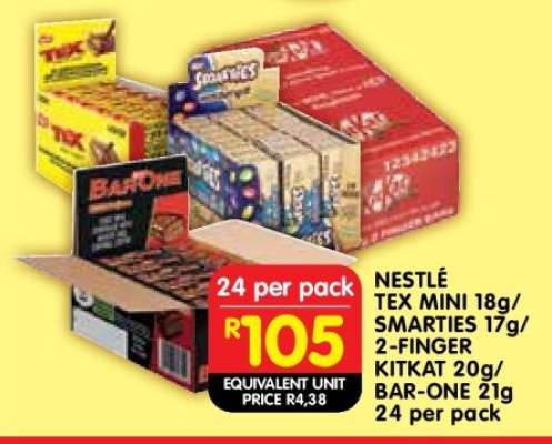 NESTLÉ TEX MINI 18g/SMARTIES 17g/2-FINGER KITKAT 20g/BAR-ONE 21g 24 per pack