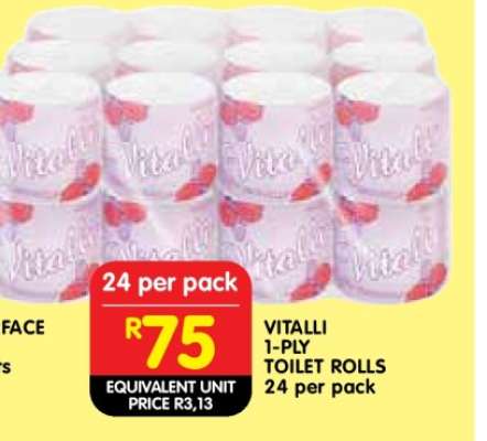 VITALLI 1-PLY TOILET ROLLS 24 per pack