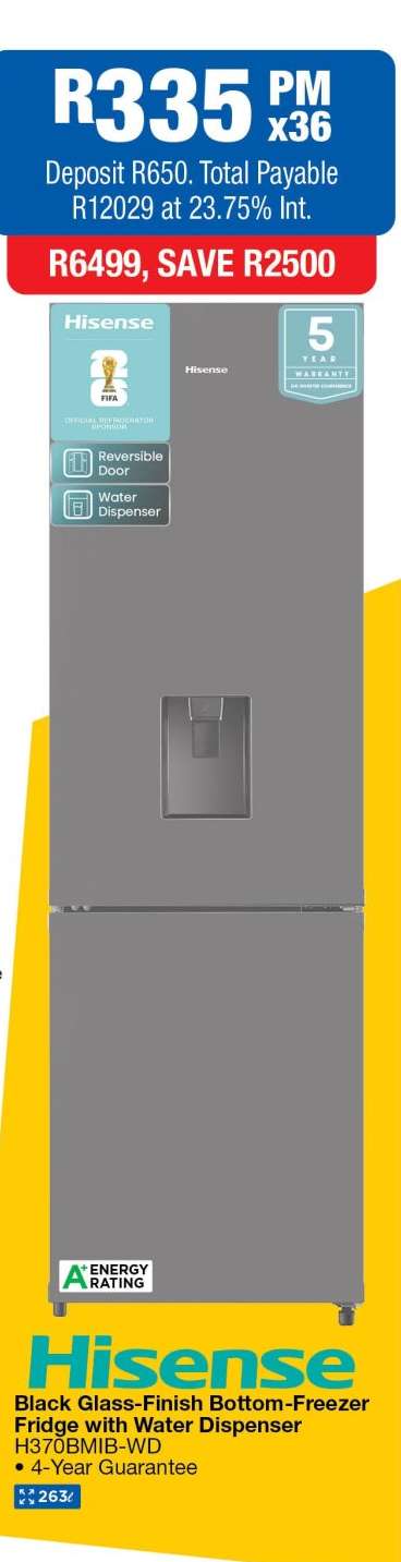 Hisense Black Glass-Finish Bottom-Freezer Fridge with Water Dispenser