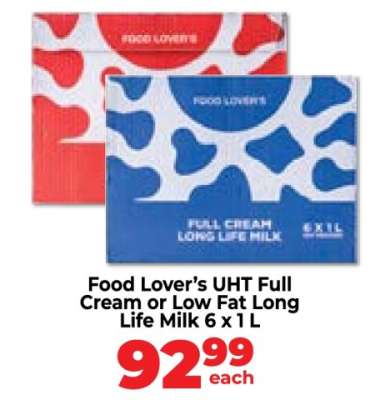 Food Lover’s UHT Full Cream or Low Fat Long Life Milk 6 x 1 L