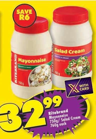 Ritebrand Mayonnaise 750g/ Salad Cream 760g each