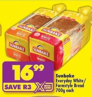 Sunbake Everyday White/Farmstyle Bread 700g each