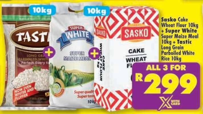 Sasko Cake Wheat Flour 10kg + Super White Super Maize Meal 10kg + Tastic Long Grain Parboiled White Rice 10kg